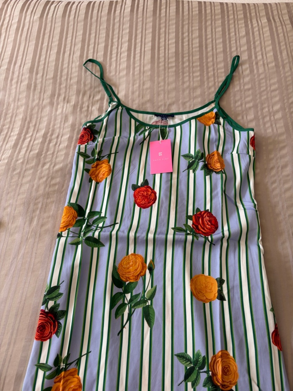 Katie Kime Floral Stripe Satin Slip Dress — Green Trim, Yellow & Red Roses